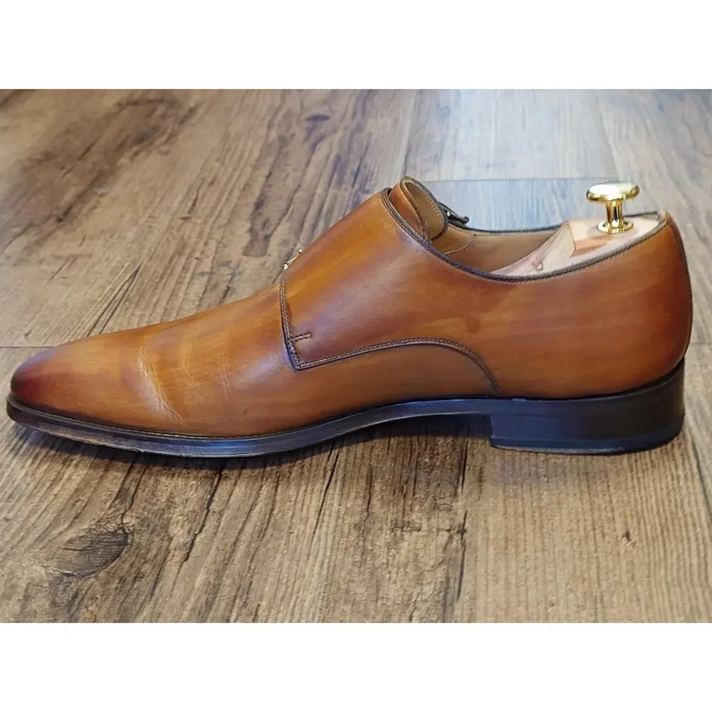 Magnanni Men’s Monk Strap 9.5M Tan Brown Burnished Leather Dress Shoes